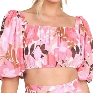 MINKPINK Pink Floral Puff-Sleeve Crop Top